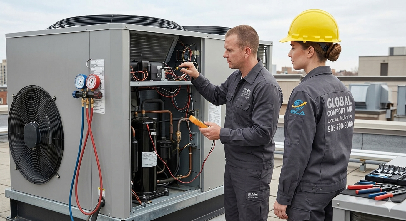 Global Comfort Air technicians servicing a commercial rooftop HVAC unit