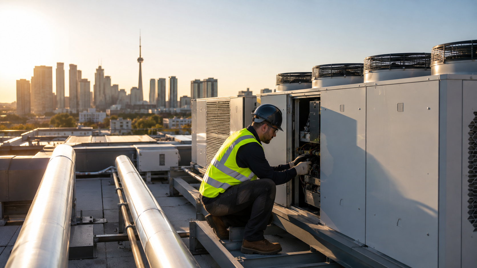 Global Comfort Air technician servicing rooftop HVAC equipment with the Toronto skyline