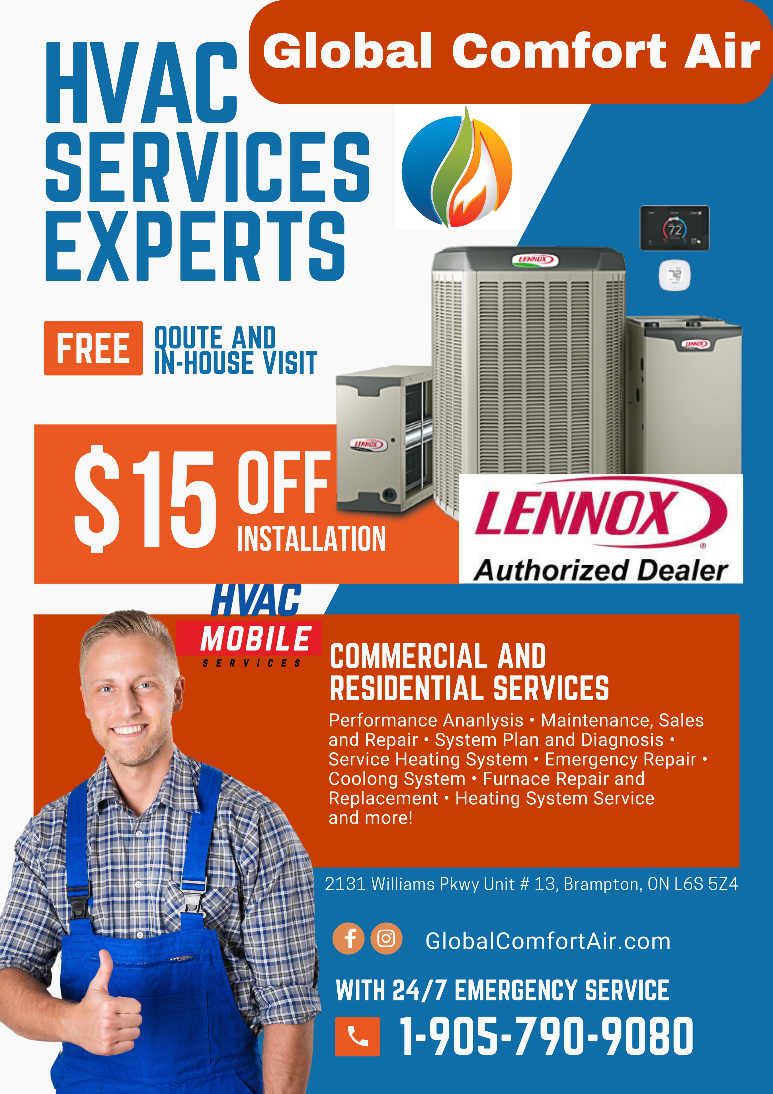 Global Comfort Air HVAC services flyer featuring Lennox equipment and a technician