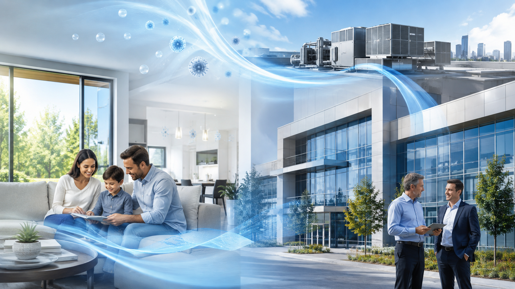 Balanced airflow connecting a comfortable family home with commercial rooftop HVAC equipment