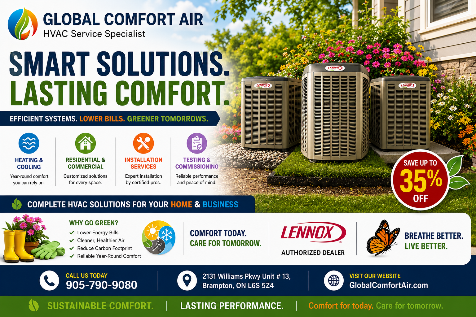 Global Comfort Air promotion featuring Lennox cooling systems and savings of up to 35 percent