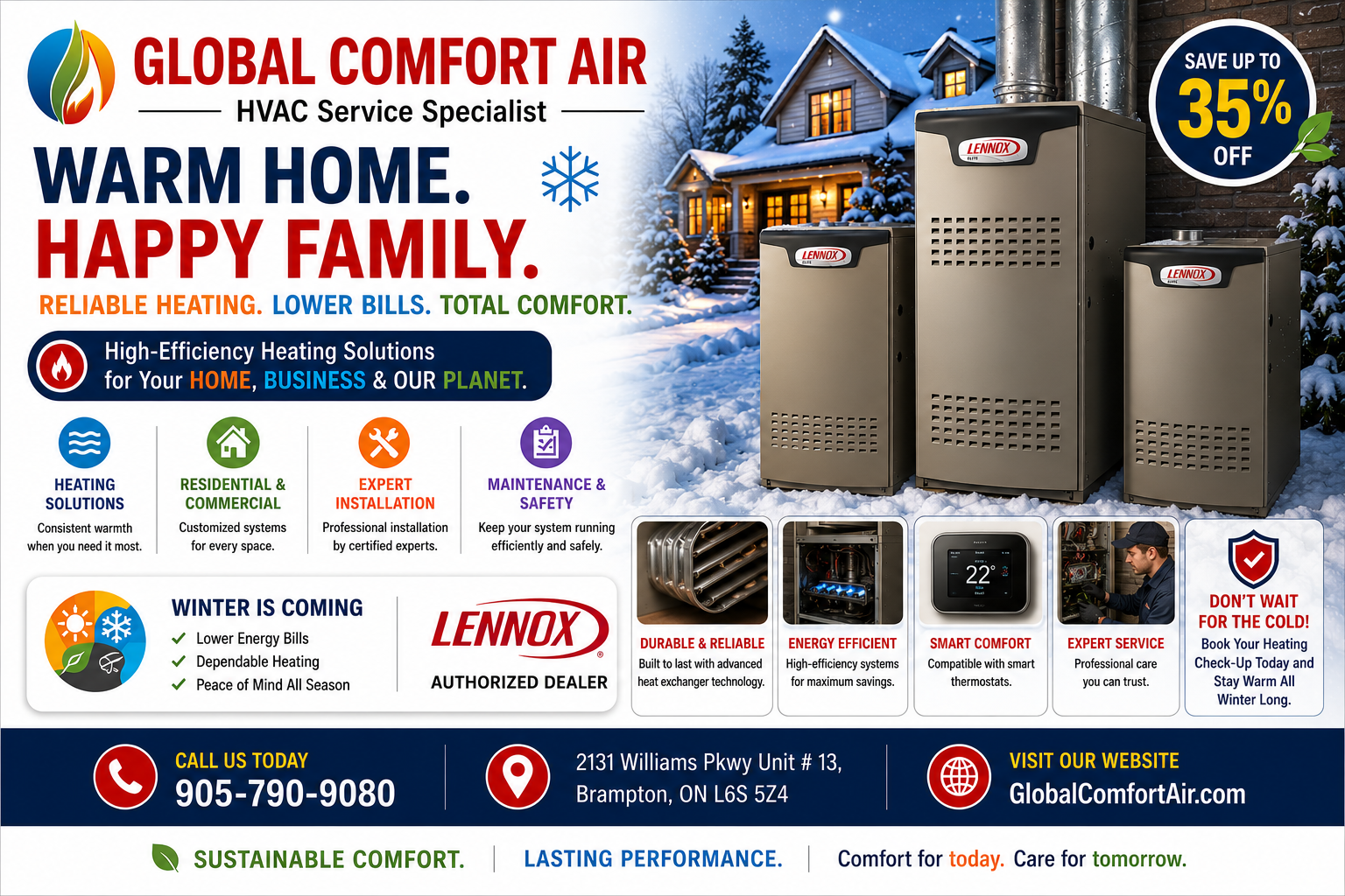 Global Comfort Air heating promotion featuring Lennox high-efficiency furnaces and savings of up to 35 percent